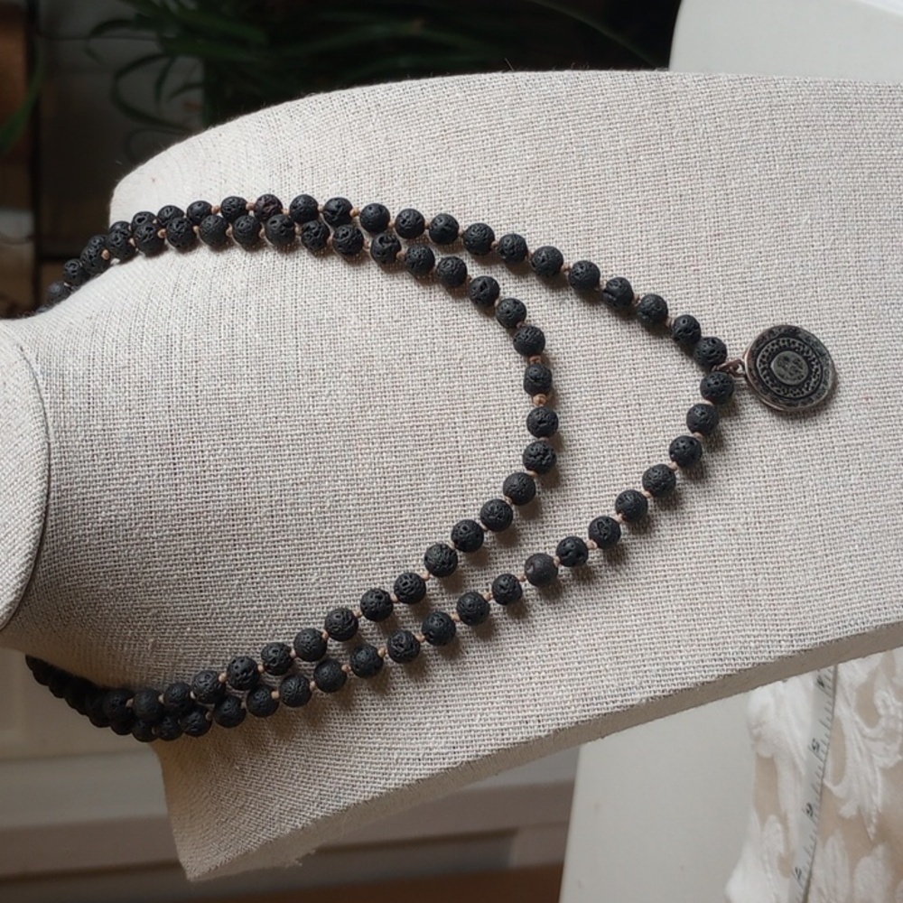 Vintage Lava Stone Bead Pendant 28 Inches Handknotted Necklace